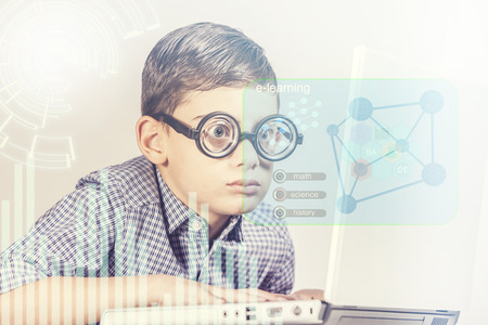 E-learning concept with funny computer geek. (Image with mixed digital effects)の写真素材