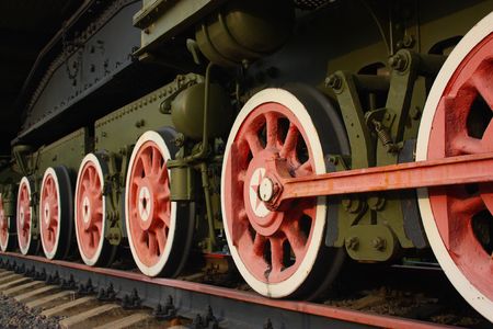 Wheels of the old locomotive on the railsの写真素材