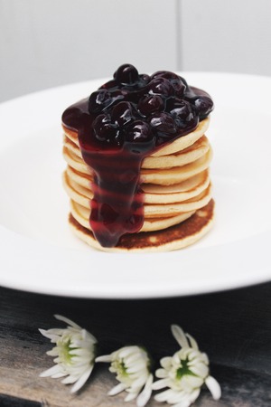 Healthy Pancake with homemade blueberries jamの写真素材