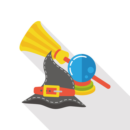 halloween witch hat, crystal ball and broom flat iconのイラスト素材