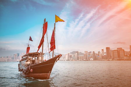Hong Kong Victoria Harbor day and nightの写真素材
