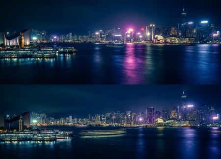 Hong Kong Victoria Harbor day and nightの写真素材