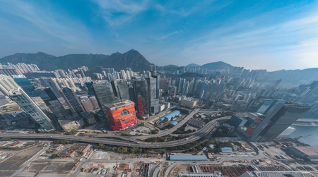 Aerial view Panomara Cityscape of Kowloon District in Hong Kong, Chinaのeditorial素材