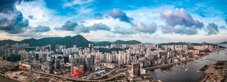 Aerial view Panomara Cityscape of Kowloon District in Hong Kong, Chinaのeditorial素材