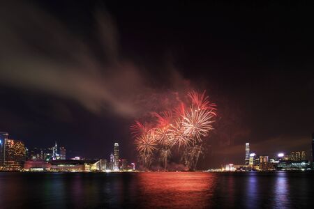 Firework Show effect on Hong Kong Victoria Harborの写真素材