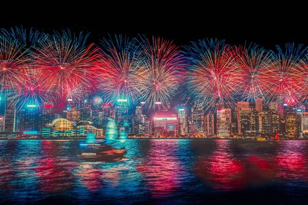 Firework Show effect on Hong Kong Victoria Harborの写真素材