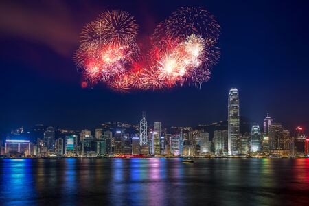 Firework Show effect on Hong Kong Victoria Harborの写真素材