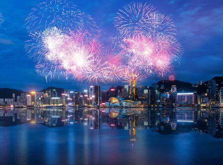 Firework Show effect on Hong Kong Victoria Harborの写真素材