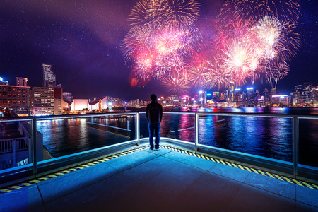 Firework Show effect on Hong Kong Victoria Harborのeditorial素材