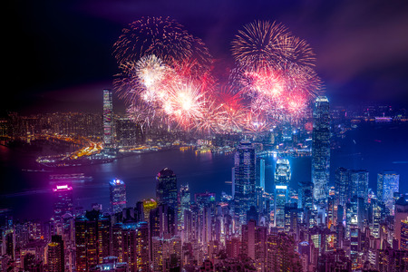 Firework Show effect on Hong Kong Victoria Harborのeditorial素材