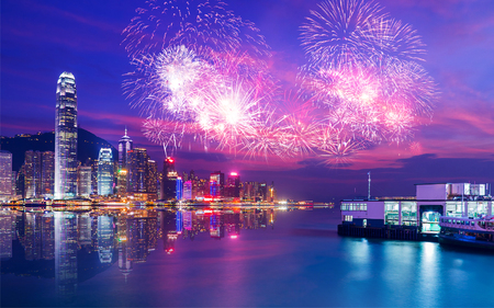 Firework Show effect on Hong Kong Victoria Harborのeditorial素材