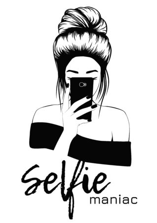 Woman making selfie on smartphone. Black & White colors. Vector illustration.のイラスト素材