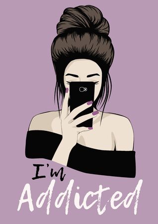 Pretty woman with smartphone in her hands. Addicted person. Vector illustration.のイラスト素材