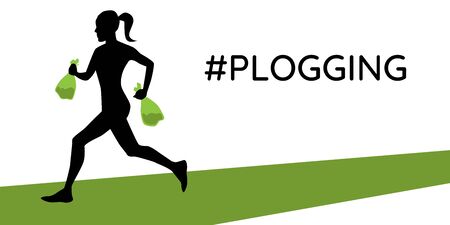 Young woman and picking up litter during plogging. Vector illustration.のイラスト素材