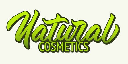 Natural cosmetics - hand lettering with font design. Green vector inscription with green contour. White background.のイラスト素材