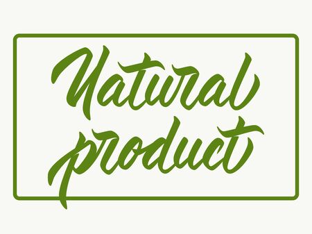 Natural product - hand lettering. Green vector inscription with rectangle frame. White background.のイラスト素材