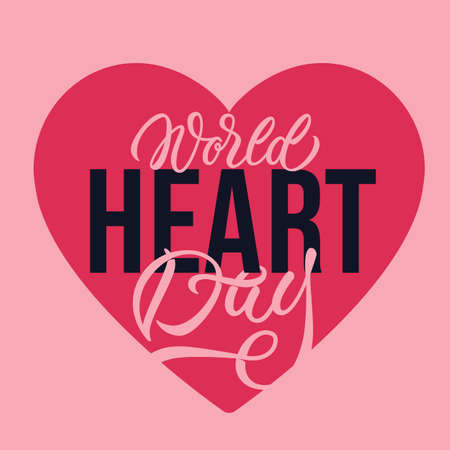 World Heart Day - calligraphic inscription with font. Event on 29 September. Design in heart shape on pink background. Vector.のイラスト素材