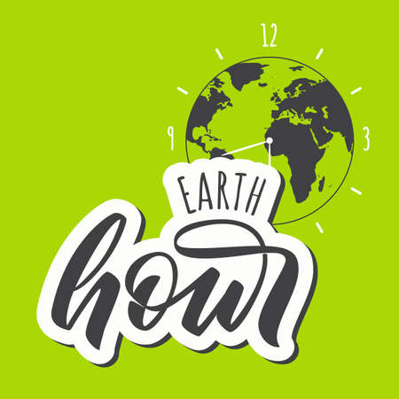 Earth Hour day - hand lettering. Clock with world map on background. Vector illustration.のイラスト素材