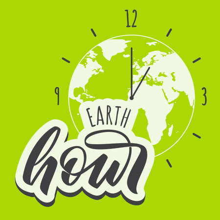 Earth Hour day - hand lettering. Clock with world map on background. Vector illustration.のイラスト素材
