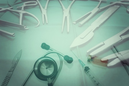 The Surgical Instruments with Stethoscope, Vial of Drug and Syringe, Double Exposureの写真素材