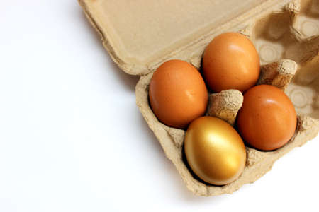 The golden egg and eggs in egg trayの写真素材