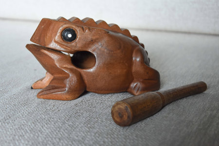 Wooden frog carved workの写真素材