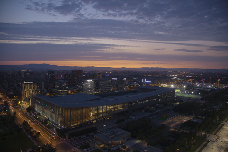 City landscape view during the night with view of Beijing national stadium.のeditorial素材
