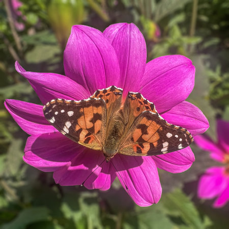 A Painted Lady Butterfly resting on a flowerの写真素材