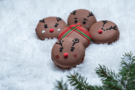 Christmas gingerbread snowman cookies on snow with fir tree branch. Macarons are lying in the snowの写真素材
