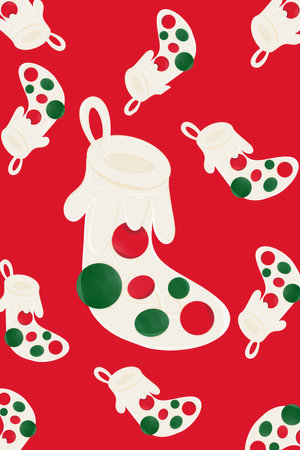 Seamless pattern with Christmas mittens and socks on red backgroundの写真素材