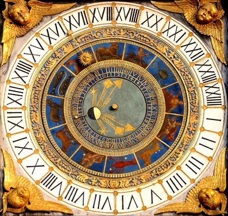 Renaissance astronomical clock in Brescia, Italy  years 1540-50   Displays hours, moon phases and the zodiac のeditorial素材