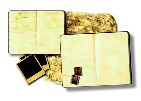 Open diary book or album with instant images and film stripの写真素材