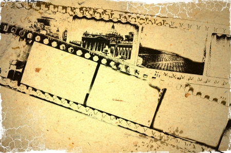 Grunge film strip background on old paperの写真素材