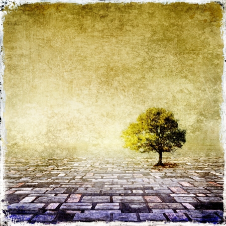 Surreal landscape with single treeの写真素材