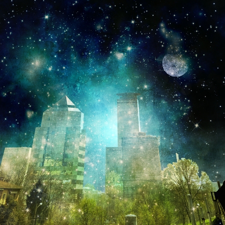 Surreal city skyline in the night with starry skyの写真素材