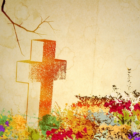 Vintage stone cross nameless on old stained paper.の写真素材