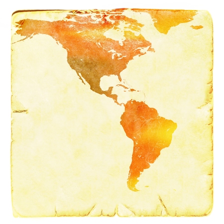 World map in red and yellow tones. USA and Latin America. Ancient paper background.の写真素材