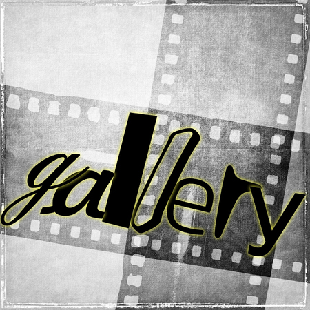 "gallery" word written in black and with random characters. In the background we have vintage film strip in gray tones.の写真素材