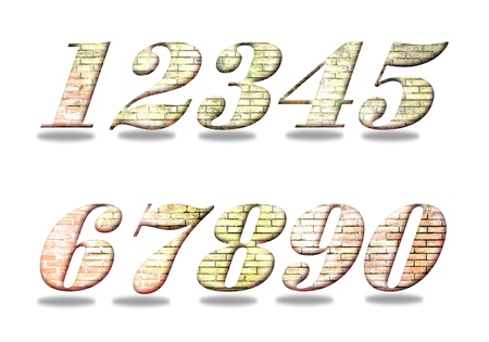 Set of numbers from one to zero. Old brick wall filling.