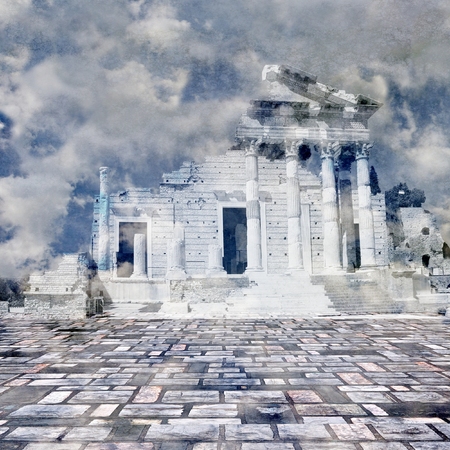 Surreal ancient roman temple in clouds. Blue tones.の写真素材