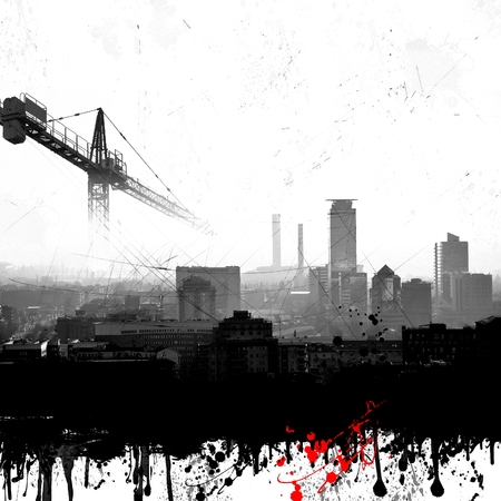 Grunge city skyline with craneの写真素材