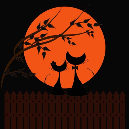 Two black cats against the orange moonのイラスト素材