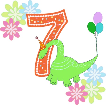 Number seven with a dinosaur and flowers on a white backgroundのイラスト素材
