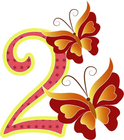 Beautiful multi-colored number two with the butterflys on a white backgroundのイラスト素材