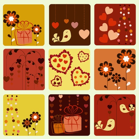 Nine beautiful icons with birds hearts gifts and a flowersのイラスト素材