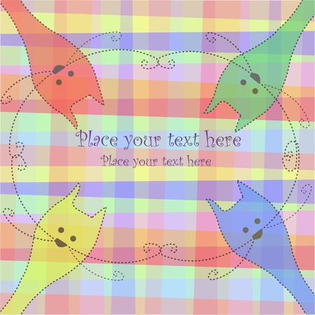 Four multi-colored cats on a checkered backgroundのイラスト素材