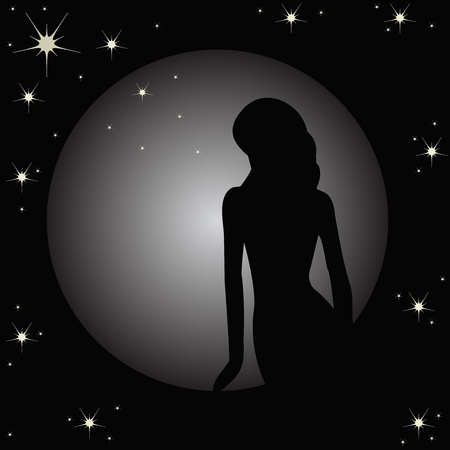 Contour of the girl against the moon with starsのイラスト素材