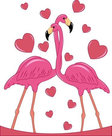 Two enamoured pink flamingos with hearts on a white backgroundのイラスト素材