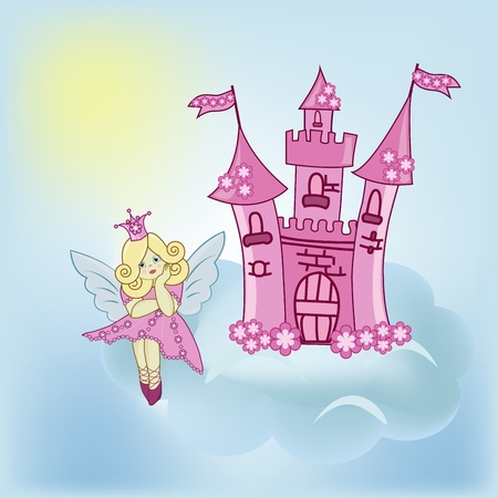 The girl the fairy and the Castle in the blue skyのイラスト素材