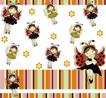 A beautiful card with the girls bees and ladybirdsのイラスト素材
